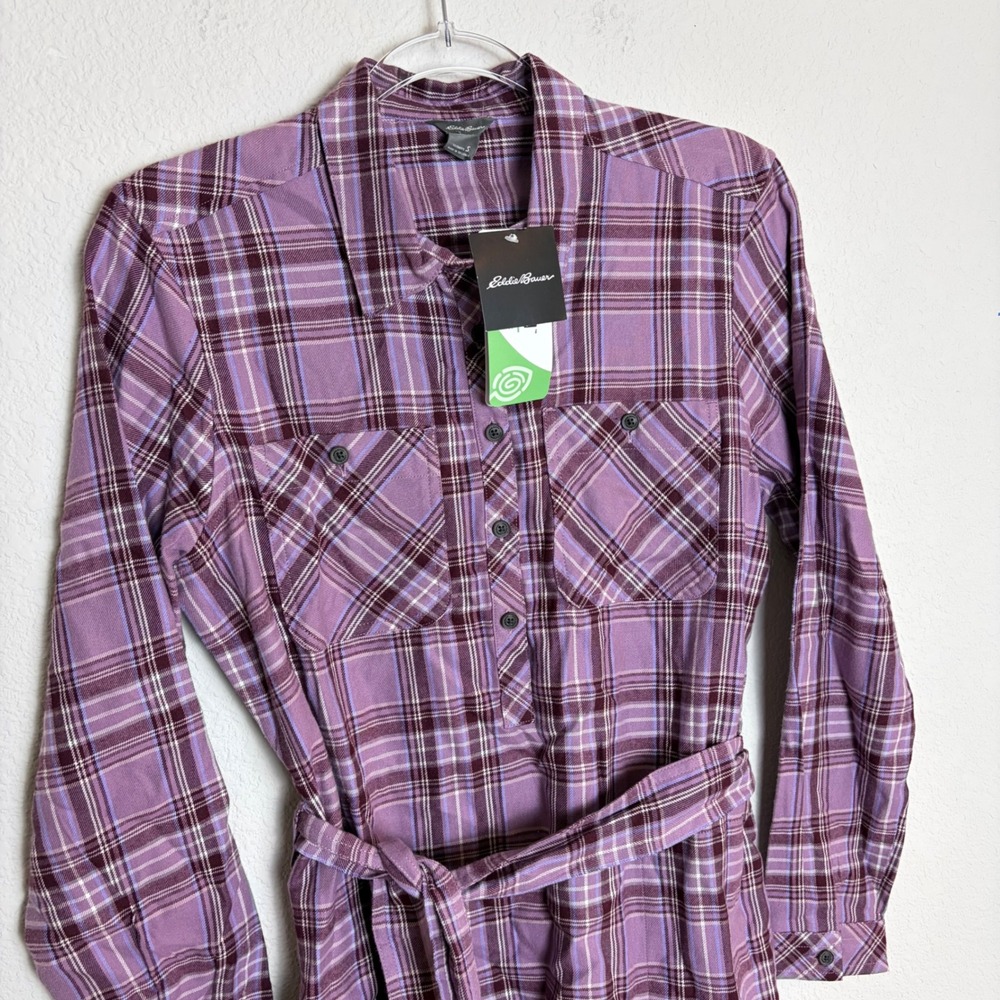 Eddie Bauer Fremont Flannel Dress Wineberry Purple Plaid NWT Small